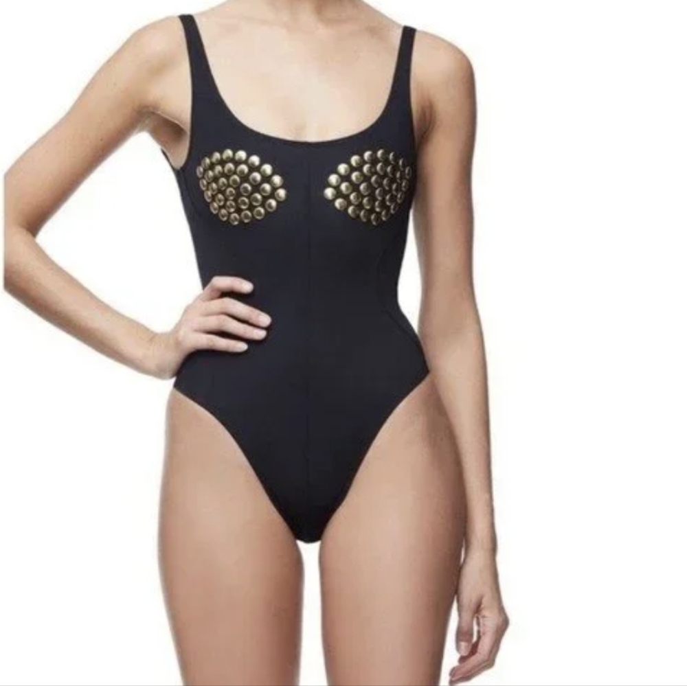 Good American Fembot Gold Studded Bodysuit Snap Closure Nwot Size 2 Made In USA